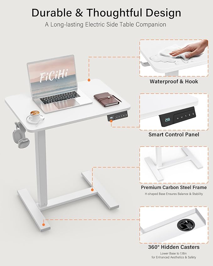 FiCiHi Small Electric Standing Desk - Adjustable Height Bedside Laptop Table with Wheels, Mobile, Portable Rolling Computer Workstation Sit Stand Table for Home Office, Sofa, Couch Use (24x16, White)