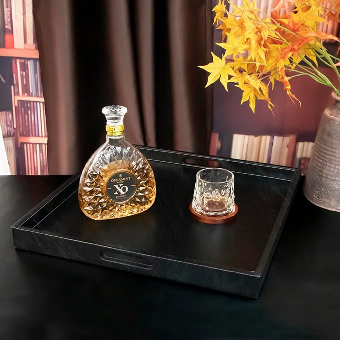 25 * 25 inches Leather Rectangle Serving Tray with Hole Handles,High-End Light Large Service Tray for Ottoman Tray, Tea, Food, Butler - Countertop, Kitchen,Family Dinner, Picnic (Black)