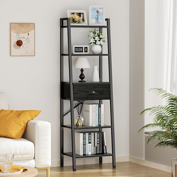 Furologee 5 Tier Bookshelf, Ladder Shelf with Drawer, Tall and Narrow Bookcase, Storage Shelves Organizer,Industrial Display Standing Units for Bathroom,Kitchen,Bedroom,Living Room,Black Oak