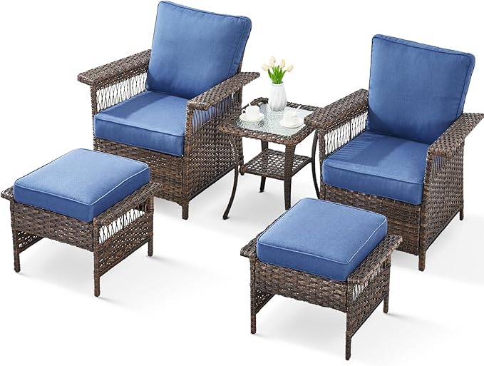 5 Pieces Wicker Patio Furniture Set - Hollow Widen Armrests Outdoor Rattan Chairs with Ottomans and Side Table, Small Patio Convention Set for Balcony Porch Deck and Yard - Brown/Blue
