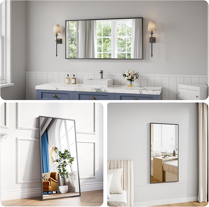 Koonmi Bathroom Mirror for Wall, 24"x48" Black Bathroom Mirror for Over Sink, Shatterproof Tempered Glass Vanity Mirror with Anti-Rust Aluminum Alloy Frame, Hang Horizontally or Vertically