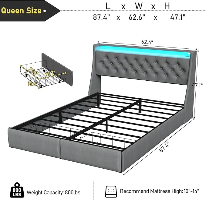 SADENICEL Queen Bed Frame with Storage Headboard and 2 Drawer, Metal Queen Size Bed Frame Platform with LED Light, Charging Station, No Box Spring Needed, Noise Free, Easy Assembly, Grey