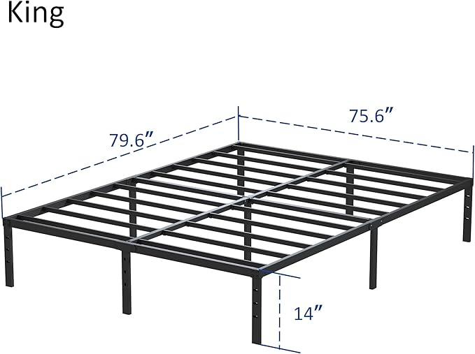 King Size Bed Frame No Box Spring Needed, 14 Inch Heavy Duty King Platform Bed Frame Support Up to 3000 lbs, Easy Assembly, Noise Free, Black