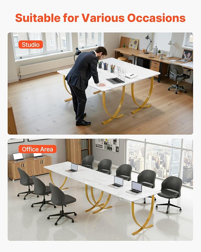 VEVOR Executive Desk, 63" W x 31.5" D Large Office Desk, Modern Computer Table Conference Meeting Room Table, Business Furniture Enlarged Desktop for Home Office, White and Gold