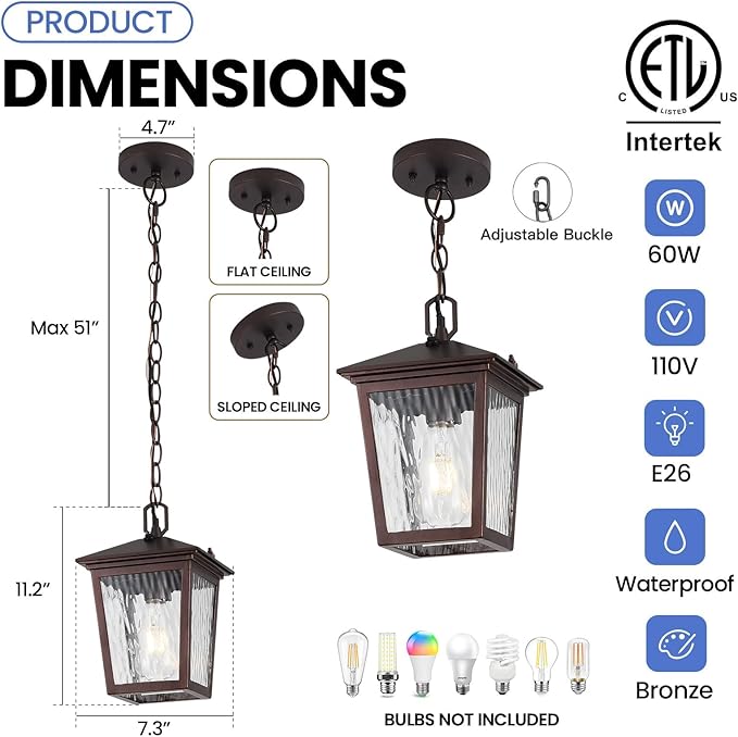 Outdoor Pendant Light, Brown Outdoor Porch Light fixtures with Dusk to Dawn Sensor, Coffee Exterior Hanging Lantern Height Adjustable Outside Chandelier with Water Glass for House Patio Garage