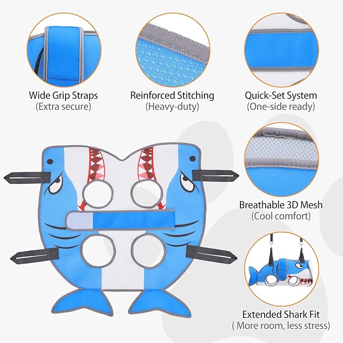 Dog Grooming Hammock for Small Dogs Cats, Cute Shark Design Dog Hanging Harness for Nail Trimming/Clipping, Pet Sling with Grooming Kit and Thick Neck Support & Strap Restraint Claw Care, M