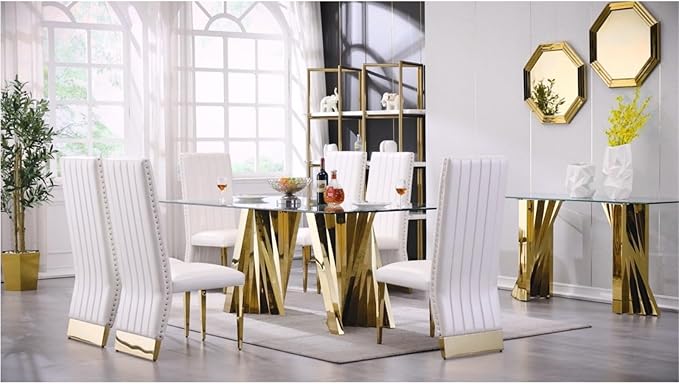 AUZ White Leather Dining Chairs Set of 4, Glam White and Gold Dining Room Chairs with Gold Legs and Nail Head Trims