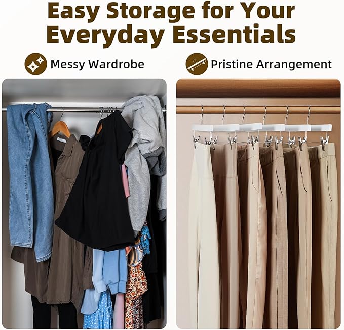 HOUSE DAY Premium Wooden Pants Hangers 25 Pack, Solid Lotus Wood Skirt Hangers with 2-Adjustable Clips, Heavy Duty & Anti Slip Wood Bottom Hanger for Slacks, Jeans, Trousers, Shorts (White)