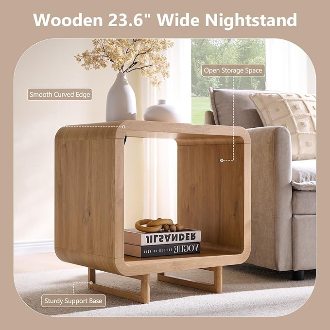 23.6" Modern End Table, 2 Tier Side Table with Charging Station, Simple Bedside Table with Open Storage Shelf, Outlet, Wooden Nightstand for Bedroom, Living Room, Easy Assembly, Natural Oak
