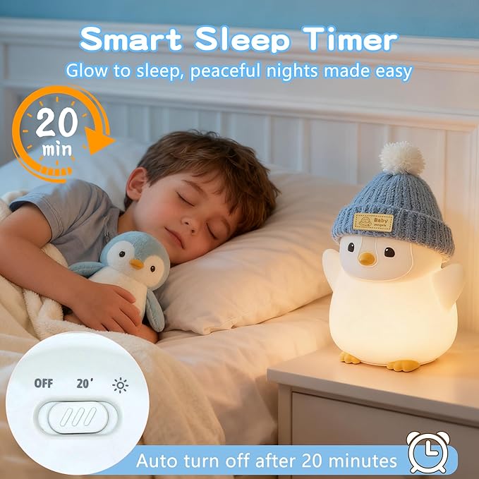 Penguin Night Light for Kids, Adorable Penguin Lamp with Hat, Food Grade Silicone Nursery Nightlight, Rechargeable/Dimmable/Timer,LED Squishy Novelty Animal Bedside Lamp,Funny Gifts for Boys