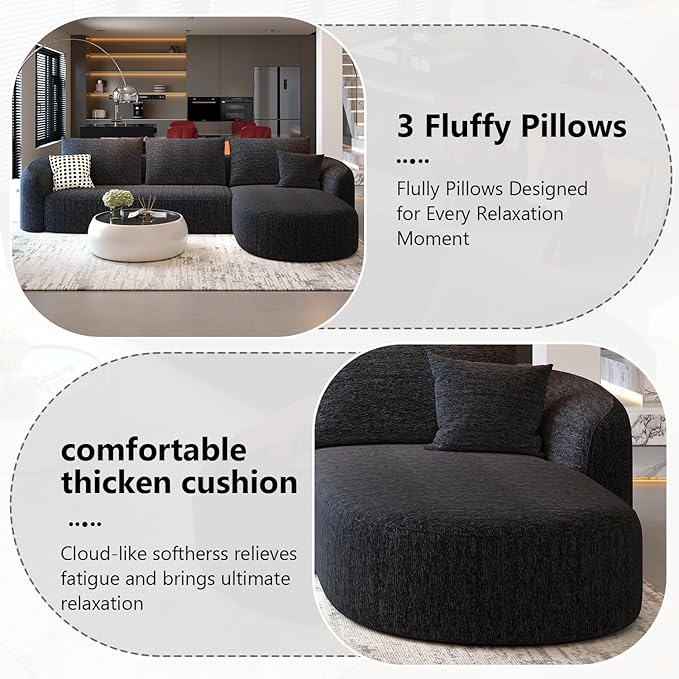 111" Modular Sectional Couches Luxury Modern Curved Back Sofa,Minimalist Comfy L-Shape Boneless Cloud Couch for Living Room Apartment,(Right Facing Chaise,Black)