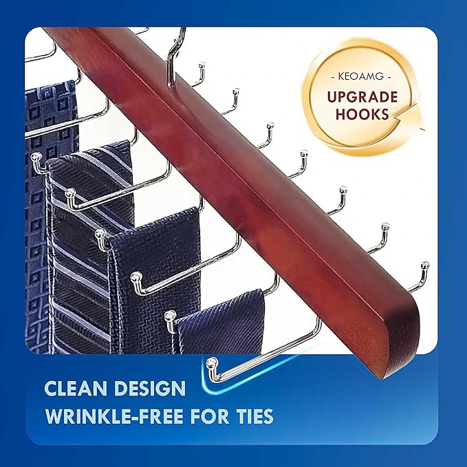 2Pack Tie Rack Hanger for Closet, Sleek Tie Organizer for Men with 18 Upgraded Folding Hooks, Space-Saving Tie Holder, Tie and Belt Hanger for Closet (Mahogany)