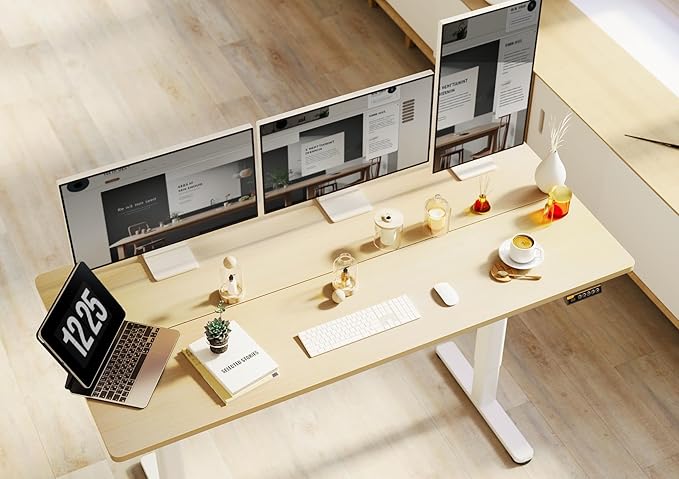 Claiks Electric Standing Desk, Adjustable Height Stand up Desk, 63x24 Inches Sit Stand Home Office Desk with Splice Board, White Frame/Nature Top