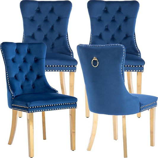 Luxury Upholstered Dining Chairs Set of 4, Blue Kitchen Chair with Golden Metal Legs, Velvet Tufted Back Dining Chair, Sillas de Comedor, Modern Kitchen & Dining Room Chairs (Blue, 4 Pcs)