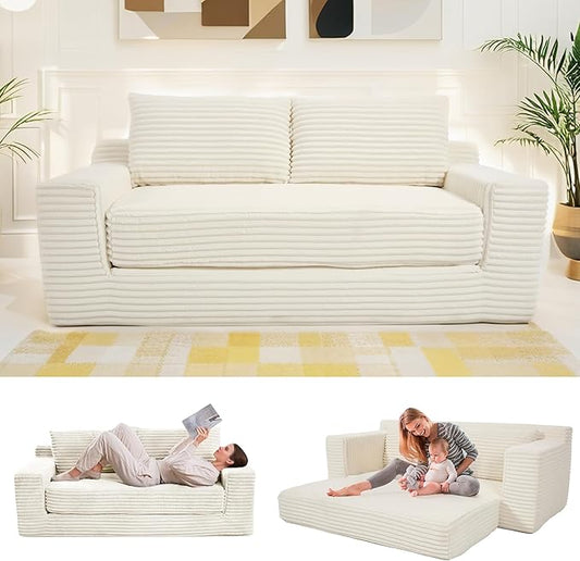 Fefances Loveseat Sofa Bed Boneless Couch, Convertible 2-in-1 Design, Corduroy Fabric - Compact Memory Foam Couch for Small Spaces, Apartments, Home Office & Bedroom (Beige)