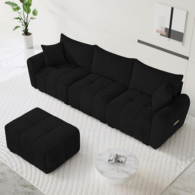 110" L Shaped Modern Boucle Sofa Modular Sectional Cloud Couch with Ottoman, Tufted 4-Seat Deep Seat Sofa with Pillows for Living Room, Bedroom and Apartment, Black