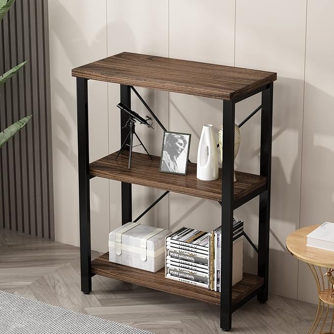 3 Tier Industrial Solid Wood Bookcases, Open Etagere Bookshelf with Metal Frame, Rustic Wood and Metal Shelving Storage Organizer for Living Room Book Shelves Furniture (AY01-3tier)
