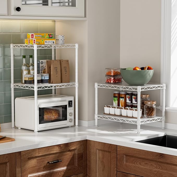 Small 2 Tier Shelves Storage Wire Shelving Unit Metal Shelf Adjustable Organizers Storage Shelving for Bathroom Laundry Room Kitchen Pantry12”D x 18”W x 12.2”H White