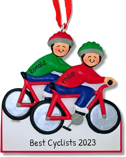 Ornaments by Elves - Personalized Cycling Two People Ornaments 2025, Mountain Bike, Dirt Bike Ornament,Two Boys Riding Bicycle, Home, Office, Christmas Decor in a Giftable Packaging