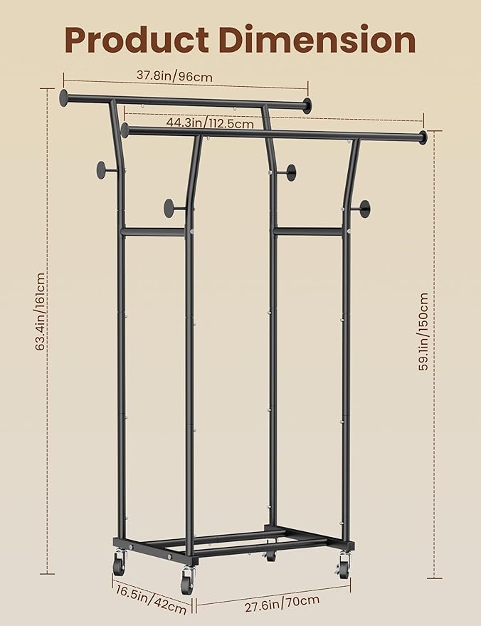 Double Rods Clothes Rack, Rolling Clothing Rack with Wheels, Metal Clothing Racks for Hanging Clothes, Portable Garment Rack Sturdy Closet Rack Trending Coat Rack for Laundry Bedroom Living Room