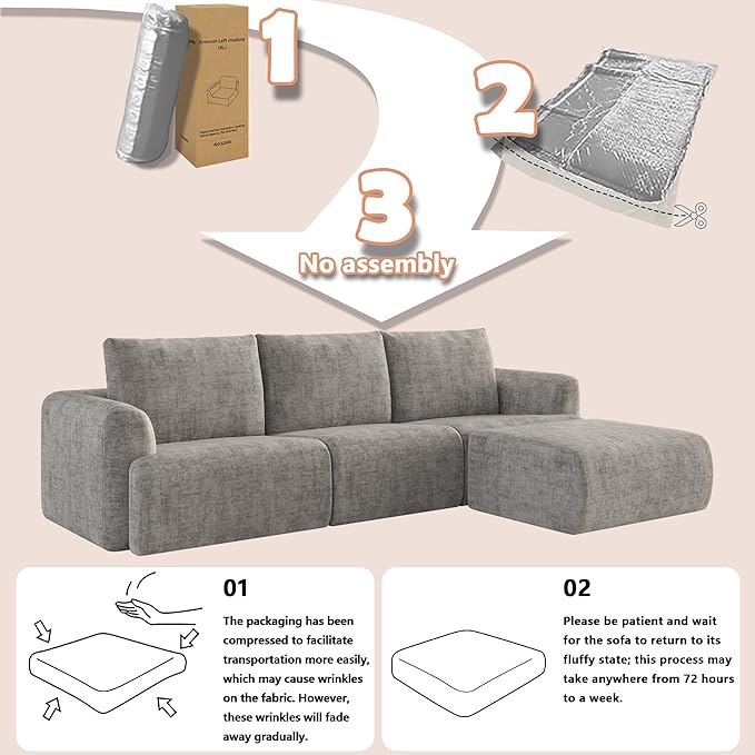 EASE MOOSE Boneless Modular Cloud Couch, Oversized U-Shaped Sectional Sofa for Living Room with Ottoman, Extra Large Movable Couches, 6-Deep-Seat Sofas for Bedroom, Apartment, Chenille (Light Grey)