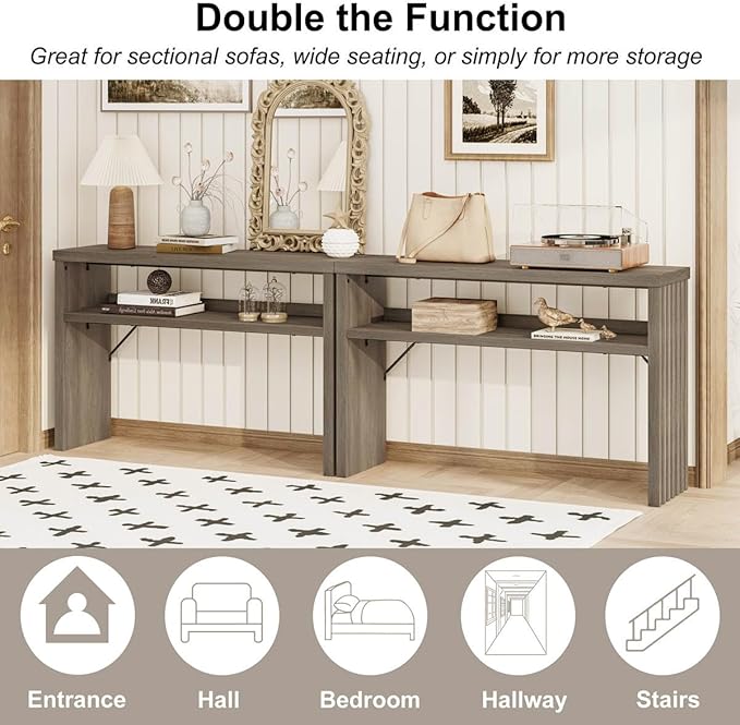 BON AUGURE Sofa Console Table, Wood Entryway Table, Grey Behind Couch Tables with Open Storage, Modern Narrow Hallway Tables (Greige Oak, 47 Inches)