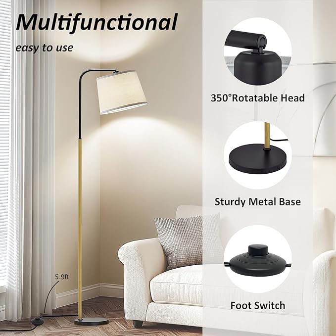 AKASUKI Floor Lamp for Living Room with 3 Color Temperatures, Foot Switch Standing Lamps for Living Room, Bedroom, Office, Arc Mordern Floor Lamp with 9W LED Bulb Included