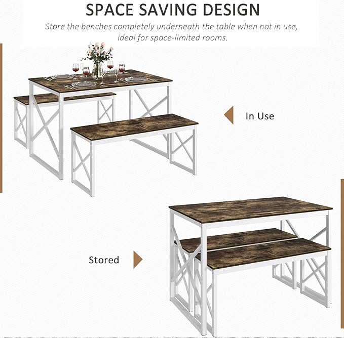VECELO Kitchen Dining Table Benches Set for 4, 43.3" Wooden Dinette with 2 Benches, Heavy-Duty Dining Room Table for Small Space, Breakfast Nook, Dark Brown