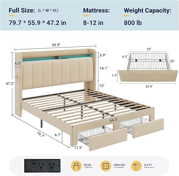 Allewie Vertical Tufted Full Size Upholstered Platform Bed Frame with 2-Tier LED Storage Headboard & 2 Storage Drawers, USB & Type-C Charging Ports, Noise-Free/No Box Spring Needed, Beige
