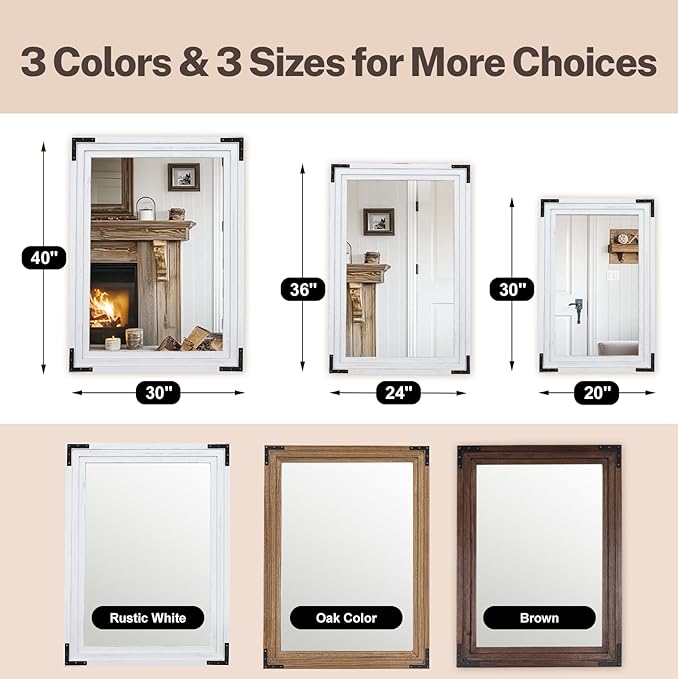 Full Length Mirror 30"x20" Solid Wood Frame Floor Standing Mirror, Hanging or Leaning Wall-Mounted for Living Room, Bedroom, Rustic White