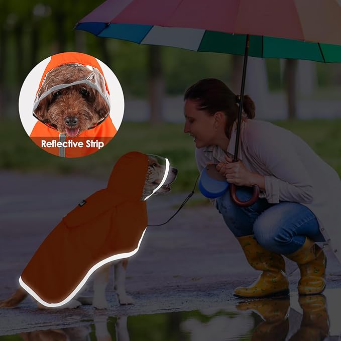 SlowTon Dog Raincoat, Adjustable Dog Rain Jacket Clear Hooded Double Layer, Waterproof Poncho with Reflective Strip Straps and Storage Pocket for Small Medium Large Dogs Puppies(OR L)
