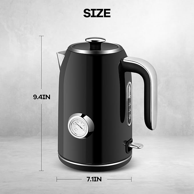 PUKOMC Electric Kettle, 1.7L Stainless Steel Tea Kettle with Temperature Gauge, 1500W Water Boiler with LED Light, BPA-Free, Auto Shut-Off and Boil-Dry Protection (Black)