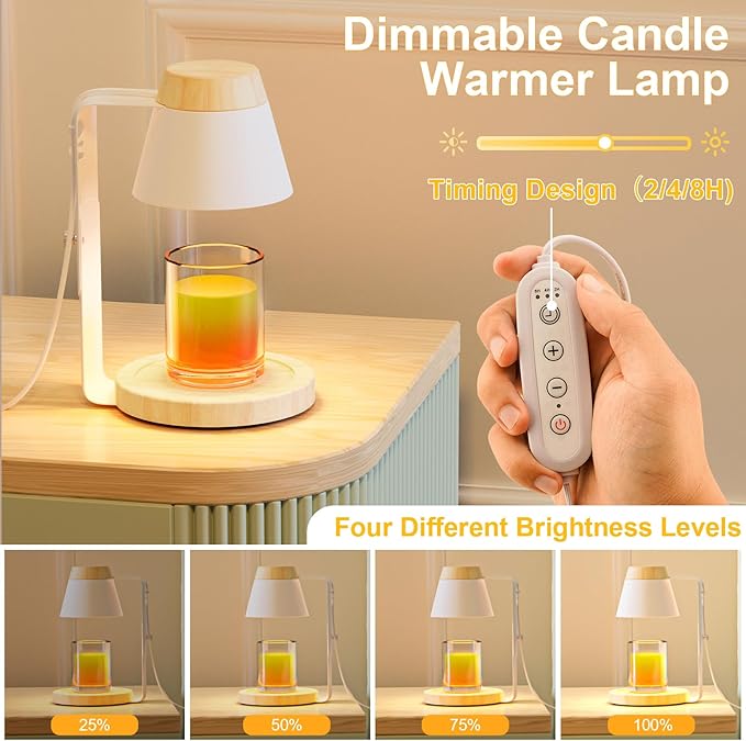 Candle Warmer Lamp with Timer, Stepless Dimmable Candle Lamp Warmer, Electric Candle Warmer Adjustable Height, Wax Warmer for Scented Wax with 2 Bulbs, for Festival&Home Decor (White Mini)
