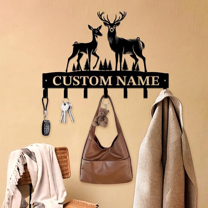Personalized Custom Name Forest Deer Wall Keys Hooks,Metal Forest Deer Art Clothes Hooks,Metal Forest Deer Wall Home Storage Decorative,For Front Door, Hallway, Kitchen, Bedroom,Keys,Hats (Style H)
