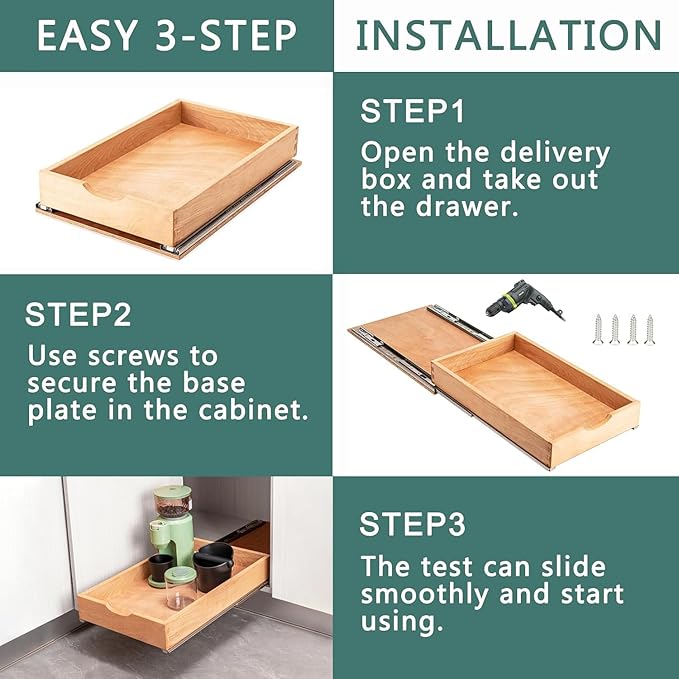 Pull Out Drawers for Kitchen Cabinets, Fully Assembled Wood Cabinet Pull Out Drawer, Pull Out Cabinet Organizer, Fast and Easy DIY Installation, 16”W x 21”D