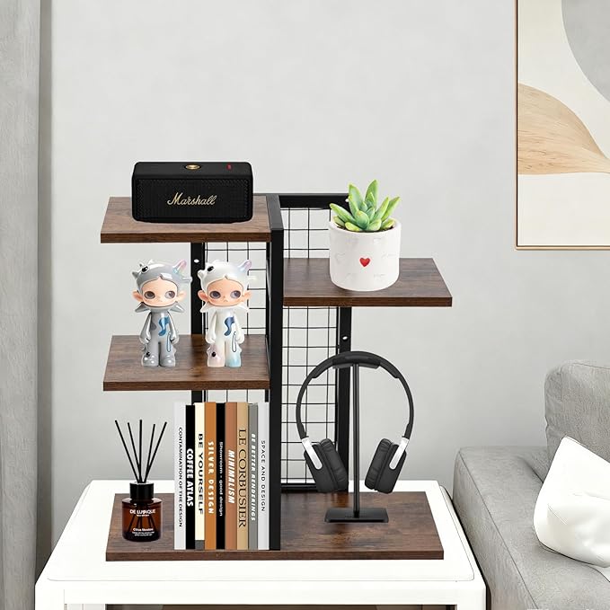 Y YOMA Desktop Bookshelf, 3 Tier Wood Desk Shelf for Top of Desk, Compact Vertical Storage Desk Organizer & Display Rack for Home Office Dorm, Rustic Brown