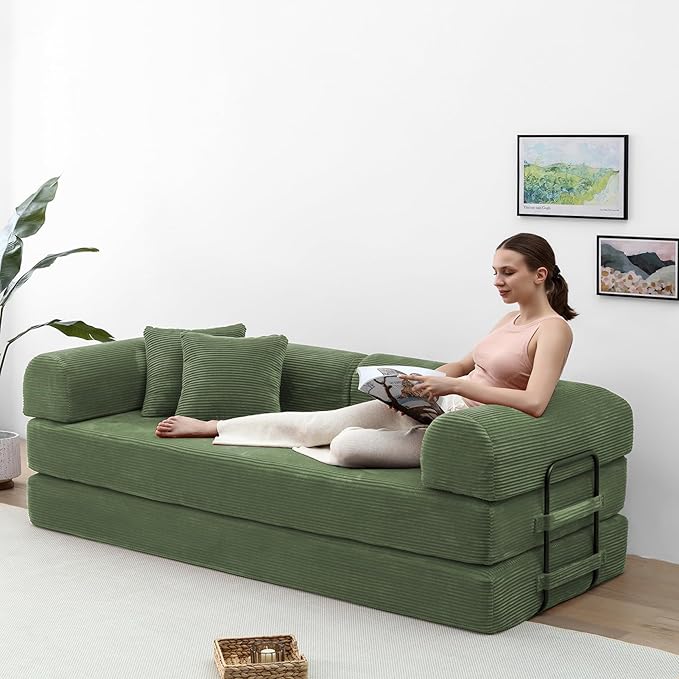 Compression Sofa - 79'' Convertible Sofa Bed, Boneless Couch in a Box, Modular Corduroy Foldable Sleeper Sofa with 2 Pillows, Loveseat Couches for Living Room (Corduroy Fabric, Dark Green)