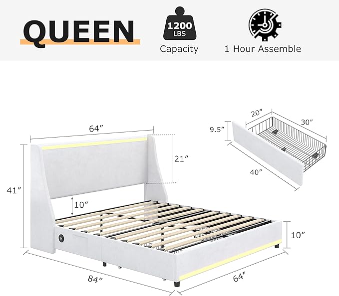 VECELO Queen Size Bed Frame with Storage Drawers, Upholstered Platform Bedframe with Wingback Headboard, No Box Spring Needed, White