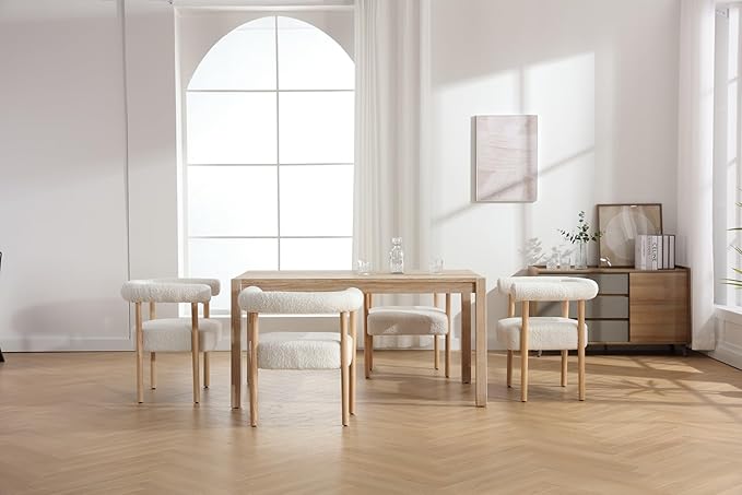 Mid-Century Modern Dining Chairs Set of 6, Armrest Barrel Dining Chairs Side Accent Chairs with Curved Back, Upholstered Wood Armchairs for Kitchen/Dining Room, Sherpa White