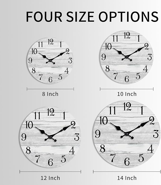 Wall Clock Battery Operated 10 Inch Gray Silent Non Ticking Country Rustic Design Vintage Retro Decorative for Bathroom Kitchen Bedroom