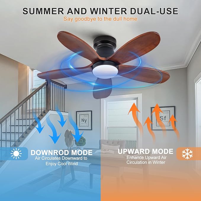 36 Inch Flush Mount Ceiling Fans with Lights and Remote, Dimmable, Wall Switch, 5 Blades Wood Ceiling Fan with Light, Low Profile Outdoor Indoor Modern Ceiling Fan for Bedroom Patio (Black Walnut)