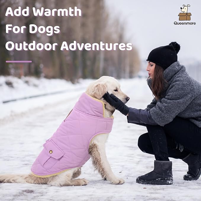 Queenmore Warm Dog Coat, Cold Weather Puffer Dog Coat Vest, Quilting Winter Pet Jacket Ultra Thick Plush Fleece Lining Pet Clothes for Dogs with Storage Pockets (Lilac, Small)