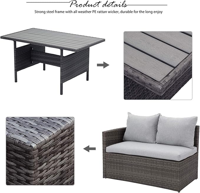 Wisteria Lane Outdoor Patio Furniture Set, 7 Piece Outdoor Dining Sectional Sofa with Dining Table and Chair, All Weather Wicker Conversation Set with Ottoman, Light Grey Cushion