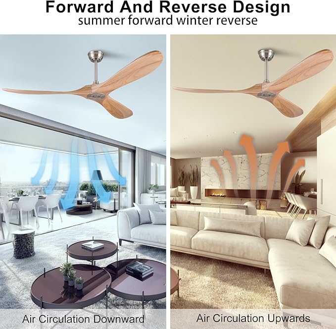 60 Inch Ceiling Fan no Light, Quiet Reversible DC Motor Wood Ceiling Fan Without Light, Modern Ceiling Fan with Remote Control for Outdoor Indoor Farmhouse Patios(Brushed Nickel+Natural Wood)