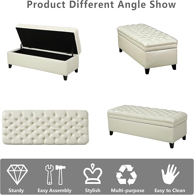 Setawix PU Leather Storage Bench for Bedroom, Living Room, Entryway, 50"W x 18.3"H, Ivory, Wood Legs