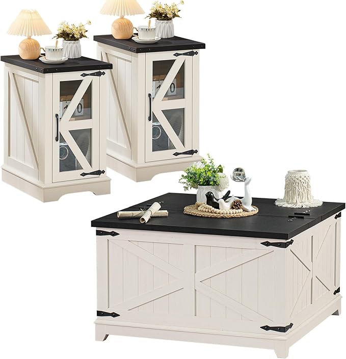 Farmhouse Coffee Table Sets 3 Pieces, Narrow Night Stand with Glass Barn Door Storage, Large Coffee Tables with Hidden Storage Organizer, Wood Furniture Sets for Living Room, Office, White