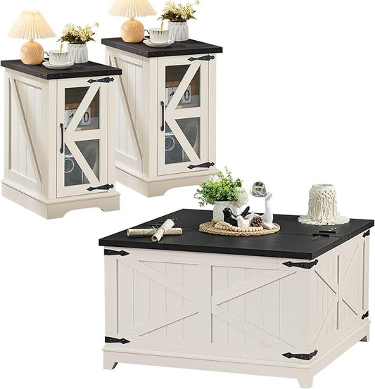 Farmhouse Coffee Table Sets 3 Pieces, Narrow Night Stand with Glass Barn Door Storage, Large Coffee Tables with Hidden Storage Organizer, Wood Furniture Sets for Living Room, Office, White