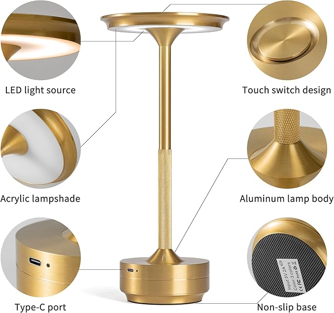 Gold Brushed LED Desk Lamp with Touch Control, 3 Color Modes, Dimmable, Built-in 5200mAh Battery, Eye-Friendly Flicker-Free Lighting, USB Type-C, Non-Slip Base