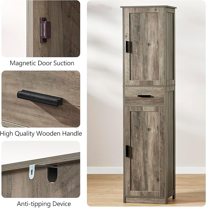 usikey 67'' Tall Storage Cabinet, Narrow Bathroom Floor Storage Cabinet with 4 Shelves & 2 Doors, for Bathroom, Living Room, Rustic Gray