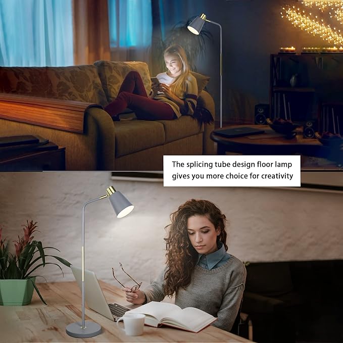 Floor Lamp, Industrial Floor Lamps for Living Rooms Rustic Farmhouse Reading Standing Floor Lamp Adjustable Metal Heads Indoor Task Lighting for Living Room Bedroom Office Home Décor (Grey)